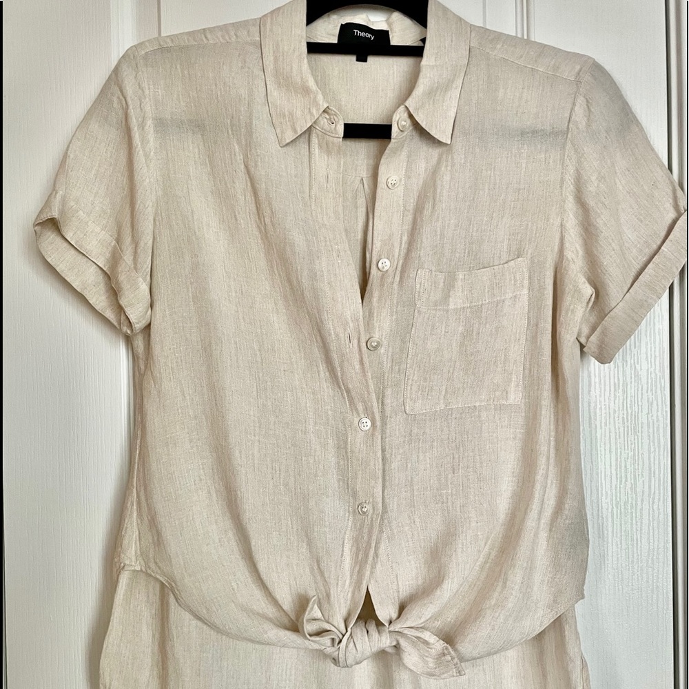 Theory natural linen tie front shirt S